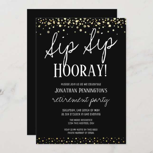 Convite Sip Sip Hooray Elegante Dourado Partido de Aposent (Frente/Verso)