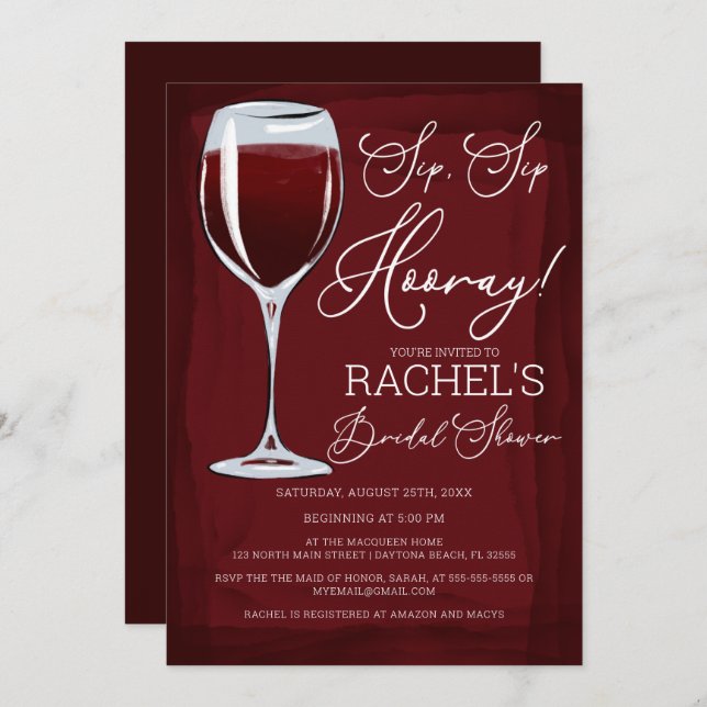 Convite Sip Sip Hooray Red Wine Chá de panela (Frente/Verso)