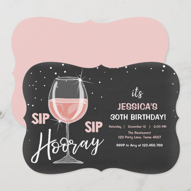 Convite Sip Sip Hooray Vinho De Chalkboard Aniversário (Frente/Verso)