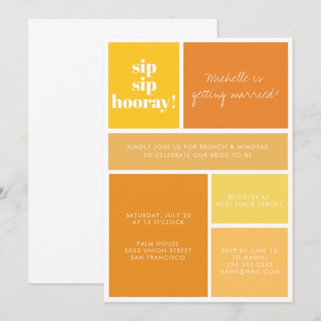 Convite Sip Sip Hooray Yellow Orange Bridal BrunChá (Frente/Verso)