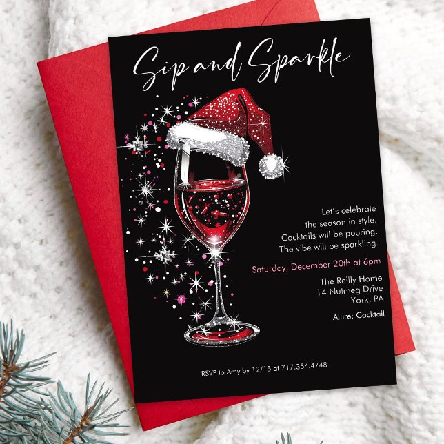 Convite Sip & Sparkle Holiday Cocktail Party Wine Glass (Criador carregado)