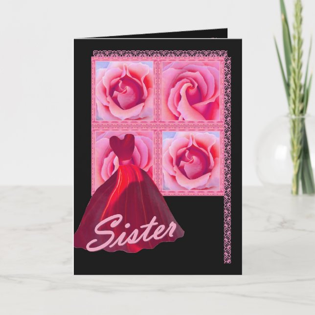 Convite SISTER - Bridesmaid  - Red Gown, Pink Roses (Frente)