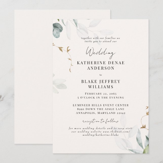 Convite Site de casamento botânico de champanhe leve junto (Frente/Verso)