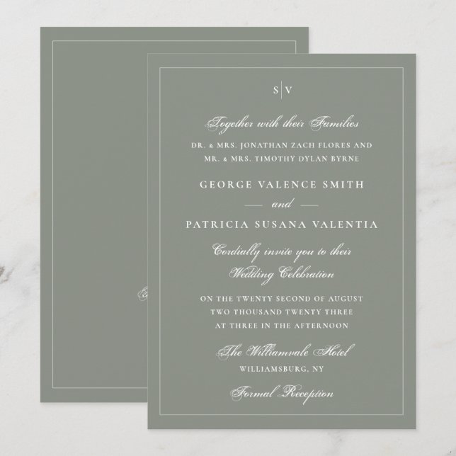 Convite Site de Casamento Código QR Monograma Verde Salvia (Frente/Verso)