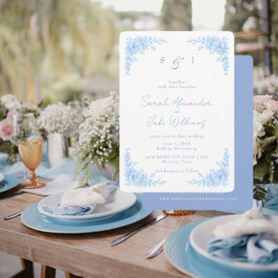Convite Site de Casamento Floral Azul Elegante Arredondado
