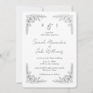 Convite Site de casamento floral com contorno preto elegan