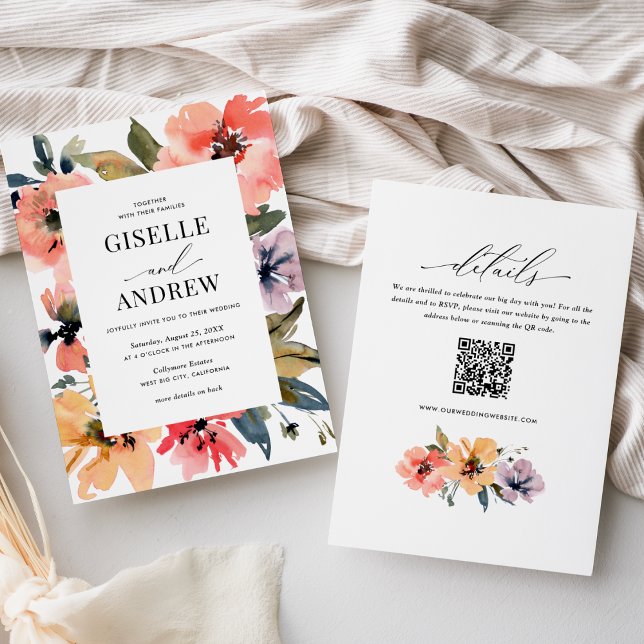 Convite Site de Casamento Floral de Watercolor QR (Criador carregado)
