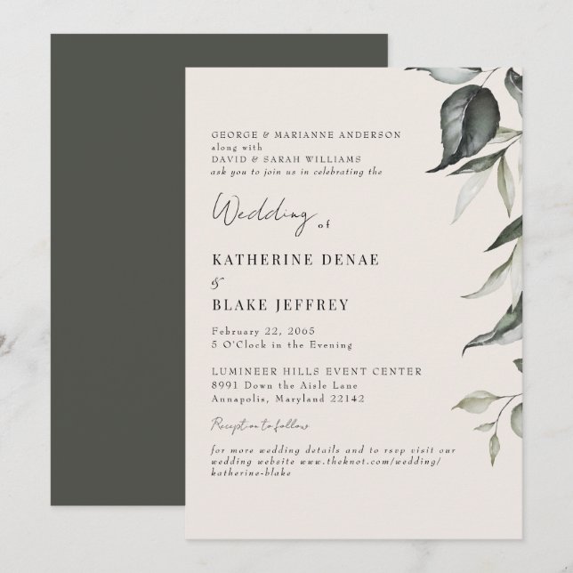 Convite Site de Folhagem Botânica de Champanhe Casamento (Frente/Verso)
