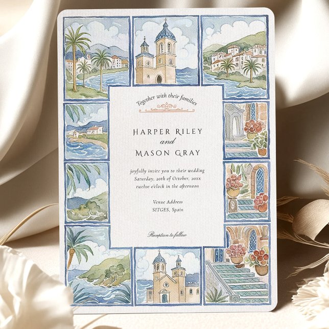 Convite Sitges Artísticos Azulejo Espanha Watercolor Casam (Criador carregado)