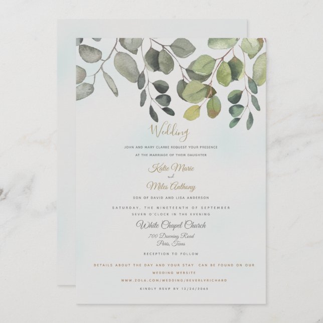 Convite Sítio Web Dusty Turquoise Foliage Incluindo Casame (Frente/Verso)