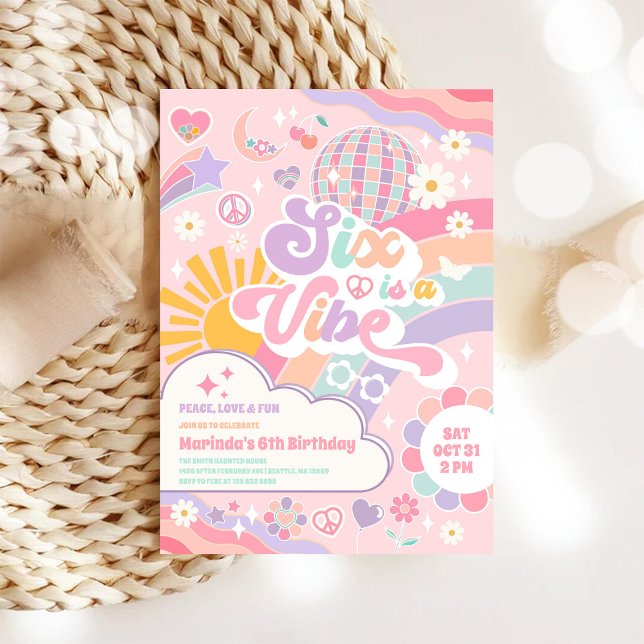 Convite Six Is A Vibe Rainbow Disco Sun 6th Birthday  (Criador carregado)