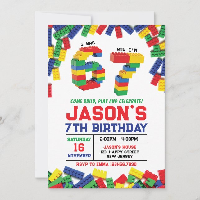 Convite Six Seven Building Blocks Birthday Invitation (Frente)