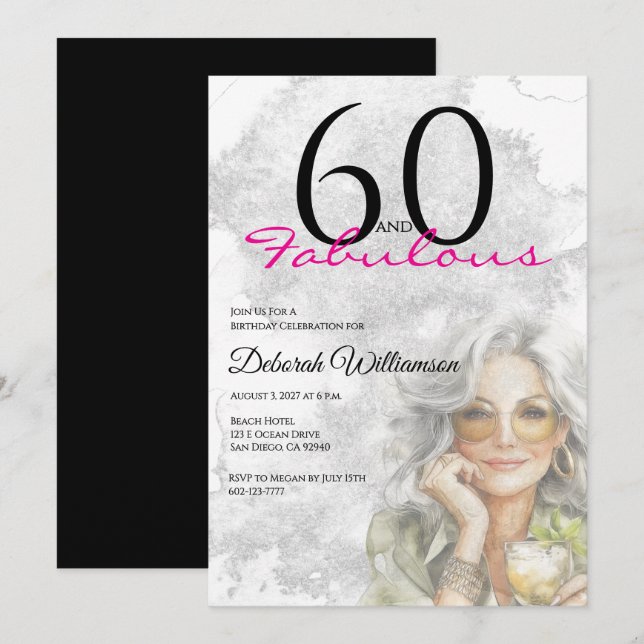 Convite Sixty and Fabulous Black Pink 60th Birthday (Frente/Verso)