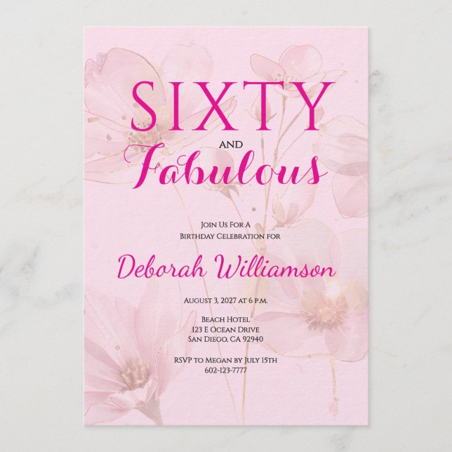 Convite Sixty and Fabulous Blush Pink Floral 60th Birthday (Frente)