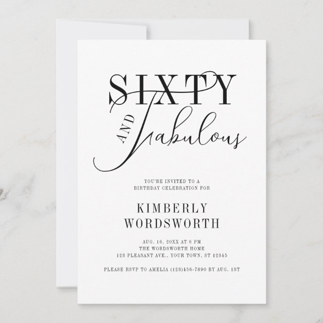 Convite Sixty and Fabulous Elegant Script 60th Birthday (Frente)
