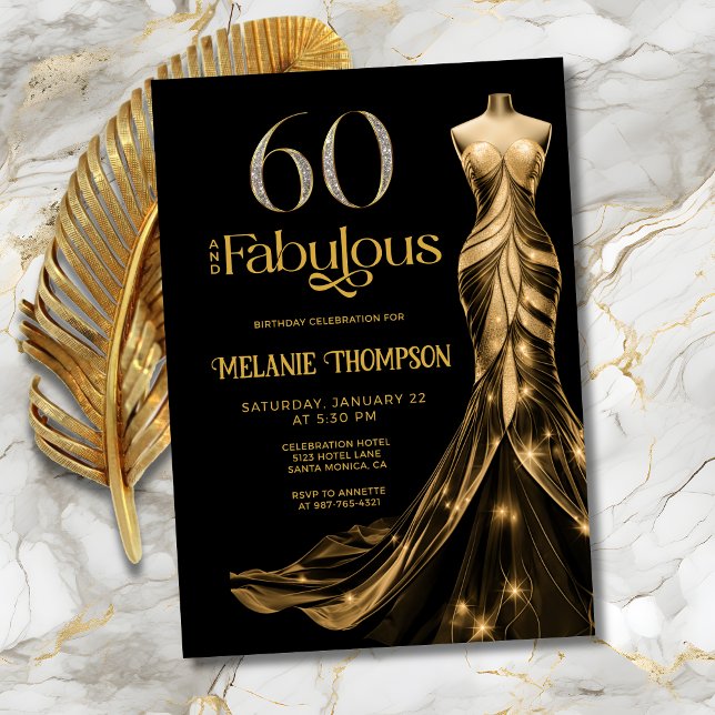 Convite Sixty and Fabulous Gold Dress 60th Birthday (Sixty and Fabulous Black with Gold Dress Birthday Invitation, with Gold and Diamond 60.)