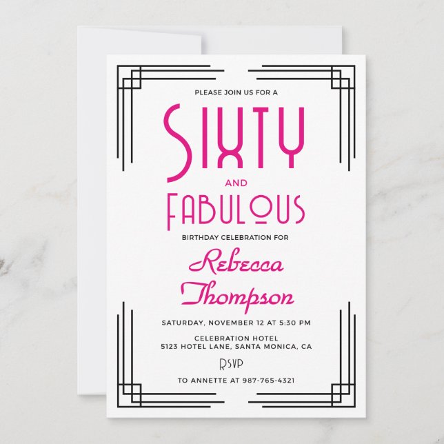 Convite Sixty and Fabulous Hot Pink Art Deco 60th Birthday (Frente)