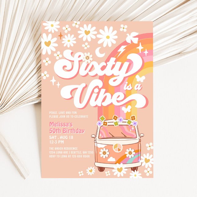 Convite SIXTY é um Aniversário de Vibe Van Groovy Daisy Hi (Criador carregado)