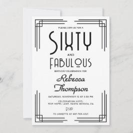Convite Sixty Fabulous Black White Art Deco 60th Birthday
