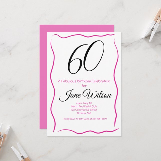 Convite  Sixty & Fabulous Invitation Chic Pink & Black (Frente/Verso In Situ)