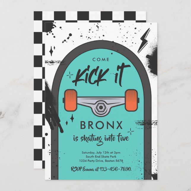 Convite Skateboard Vem Kick It Urban Sport Festa de aniver (Frente/Verso)