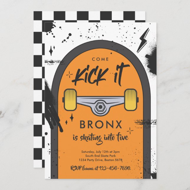 Convite Skateboard Vem Kick It Urban Sport Festa de aniver (Frente/Verso)