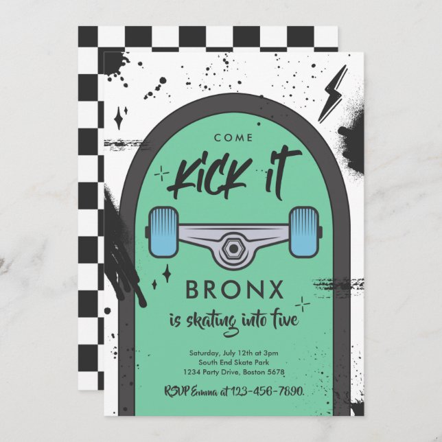 Convite Skateboard Vem Kick It Urban Sport Festa de aniver (Frente/Verso)