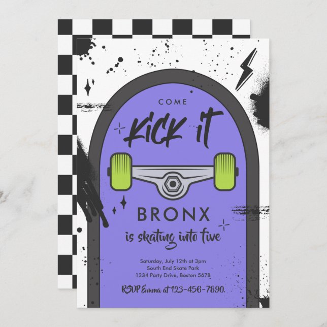Convite Skateboard Vem Kick It Urban Sport Festa de aniver (Frente/Verso)
