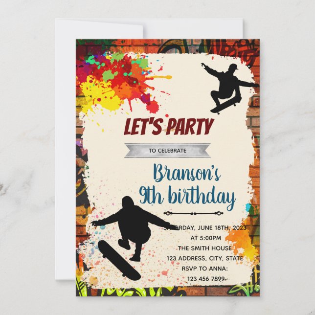 Convite Skateboarding graffiti birthday party invitation (Frente)