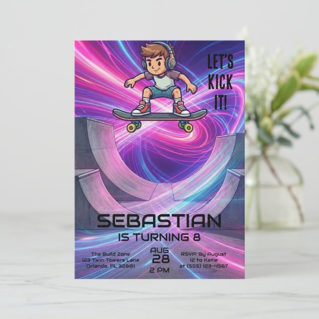 Convite Skateboarding | Skater Birthday Party (Em pé/Frente)