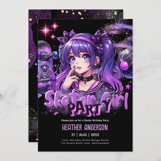 Convite Skater de Festa de aniversário de Menina de Prato  (Frente/Verso)
