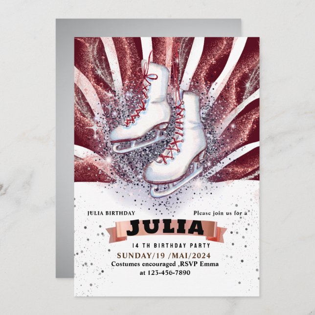 Convite skates de gelo patinando vermelho-marrom-prateado (Frente/Verso)