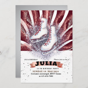 Convite skates de gelo patinando vermelho-marrom-prateado