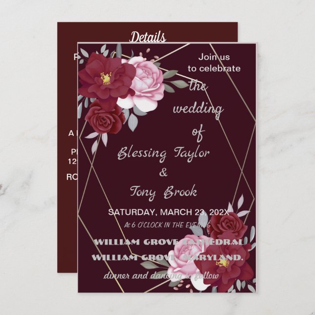 Convite Skaymarts | Maroon Elegant Calligraphics Weding I (Frente/Verso)