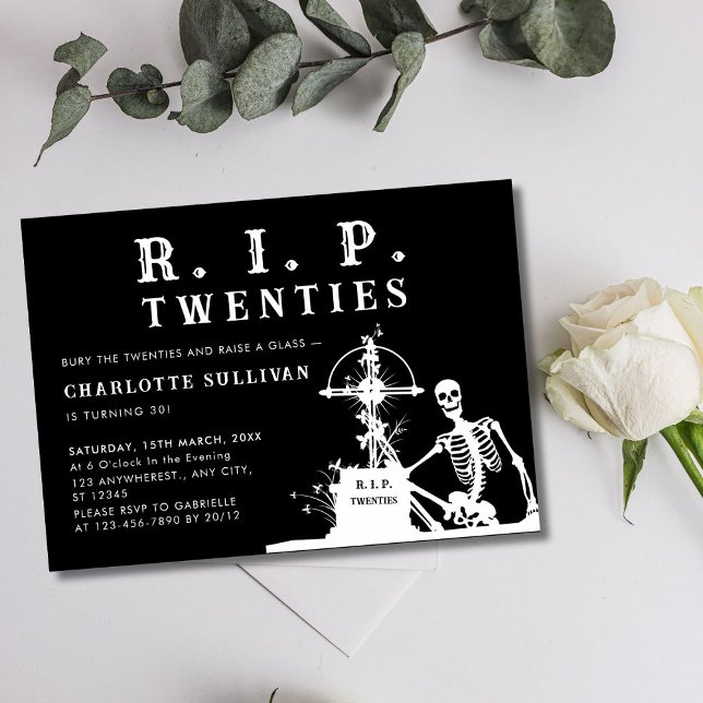 Convite Skeleton Bury Rip 20s aniversário de 30 anos preto (Funny Skeleton Bury Rip 20s Black 30th Birthday Invitation)