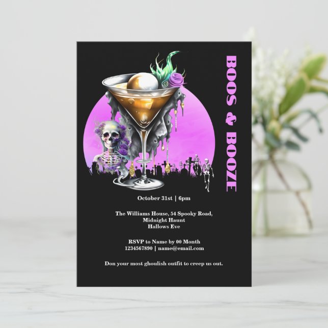 Convite Skeleton graveyull cocktail cheio horror da lua (Em pé/Frente)
