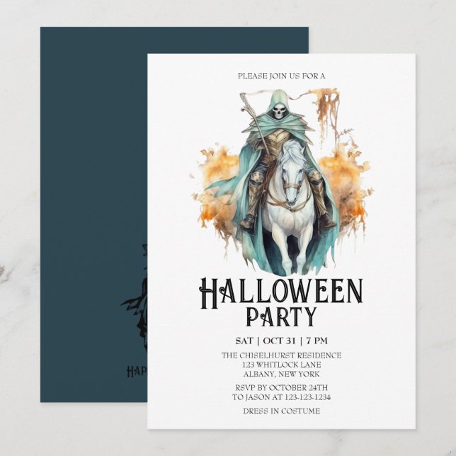 Convite Skeleton Horseman Festa de Mint Halloween (Frente/Verso)