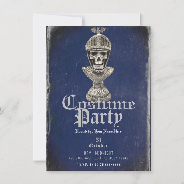 Convite Skeleton Knight Blue Halloween Skull Festa (Frente)