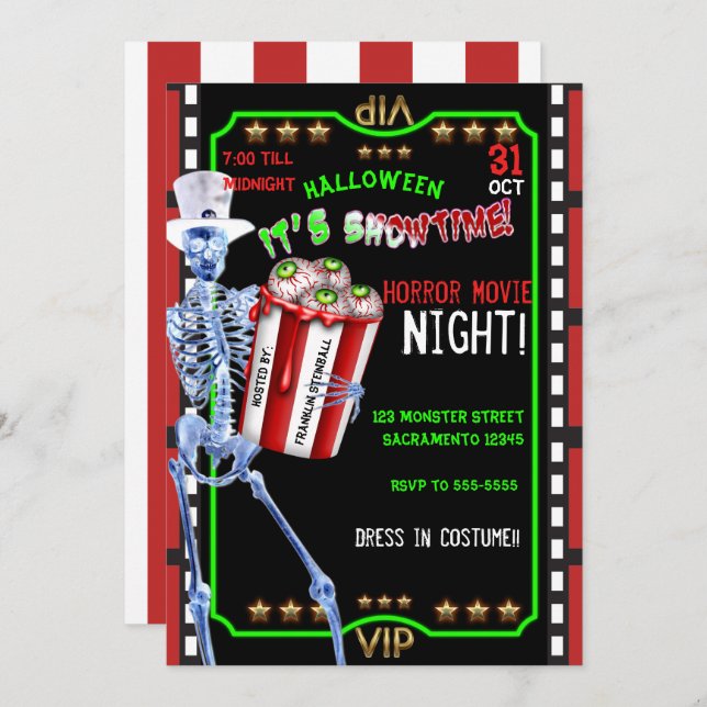 Convite Skeleton Popcorn Eyebolas Noite de Halloween (Frente/Verso)