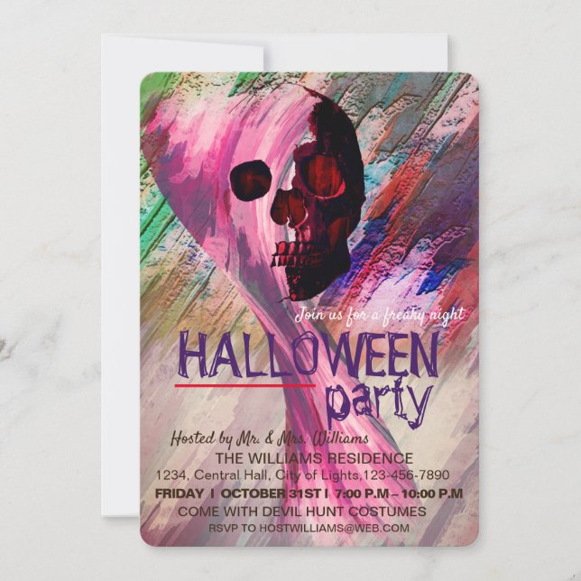 Convite Skeleton Red Painted Halloween Watercolor RetroArt (Frente)