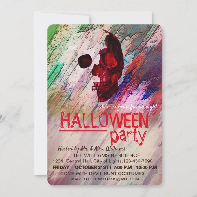 Convite Skeleton Red Painted Halloween Watercolor RetroArt (Frente)