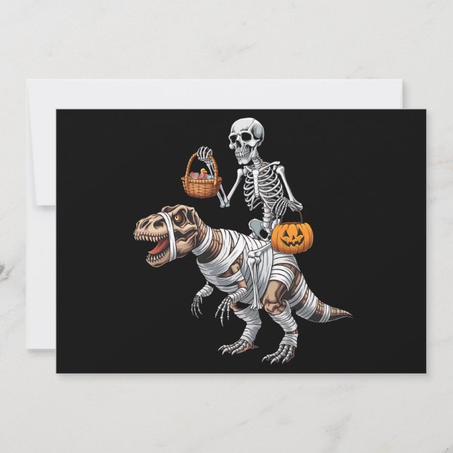 Convite Skeleton Riding Mummy Dinosaur T rex Halloween (Frente)