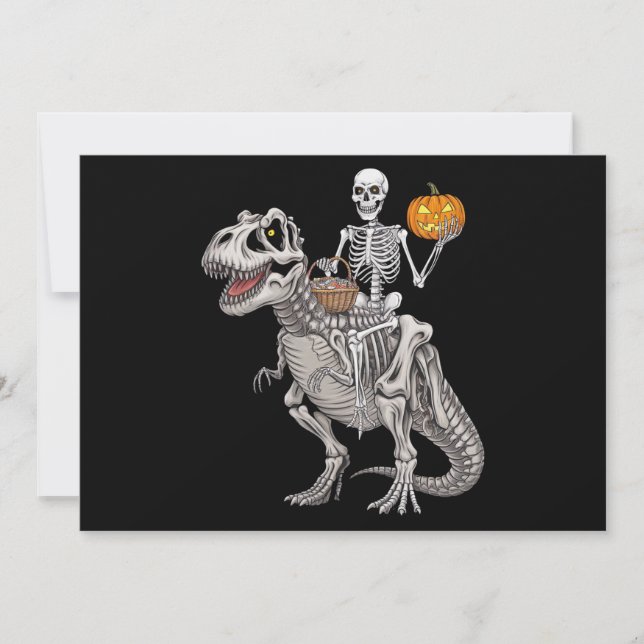 Convite Skeleton Riding Mummy Dinosaur T rex Halloween (Frente)