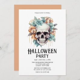 Convite Skeleton Skull Flowers Mint Halloween Party