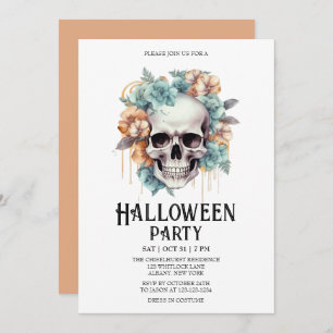 Convite Skeleton Skull Flowers Mint Halloween Party
