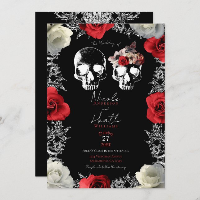 Convite Skeleton Skull Red White Roses Gothic Wedes (Frente/Verso)