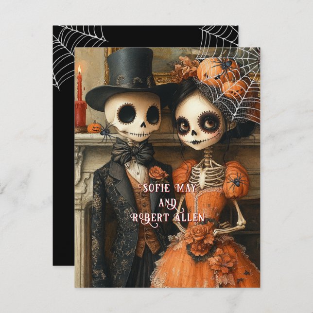 Convite Skeletons Black Spiders Casamento de Halloween (Frente/Verso)