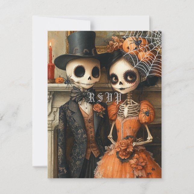 Convite Skeletons Black Spiders Halloween RSVP (Frente)