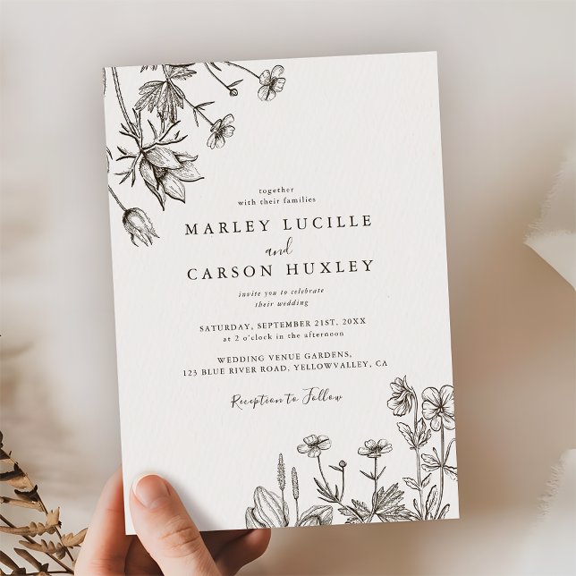 Convite Sketched Hand Drawn Wildflower Wedding (Criador carregado)