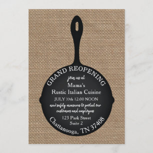 Convite Skillet de Burlap de Reabertura Grande do Restaura